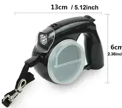 חגורה נמתכת עד 4 מטר. 4 ב 1, אשר מכילה פנס LED, מיכל לשתיה, מיכל לאוכל ומקום לשקיות הגללים. מתאים לכלבים עד 7.5 קילו. צבע שחור.