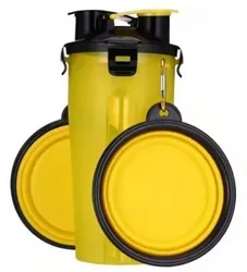 ערכת האכלה ושתיה עבור טיולים עם שני קעריות סיליקון מתקפלות. צבע צהוב.