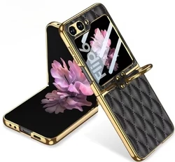 מגן עור עם טבעת עבור Samsung Galaxy Z Flip 6 מסך זכוכית ציפוי קצה קשה עבור קייס Galaxy Z Flip5