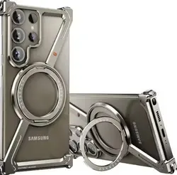 כיסוי טלפון מתכתי טיטניום בצורת Z. מתאים ל Samsung Galaxy S22 Ultra, S23 Ultra, S24 Ultra, S25 Ultra. בולם זעזועים עם מחזיק טבעתי אחורית מסתובבת 360 °.